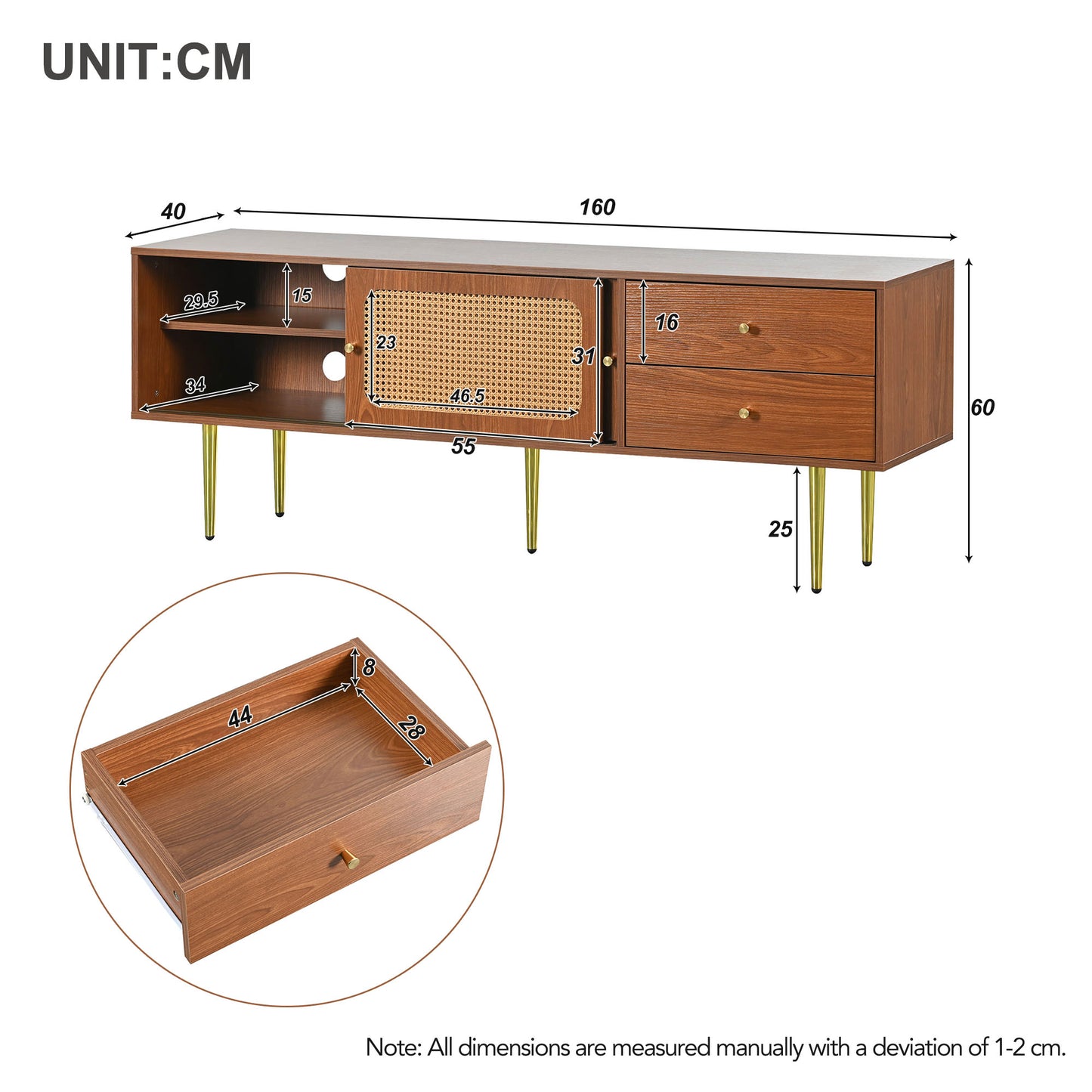 Modern Walnut TV Stand with Rattan Sliding Doors and Storage Compartments