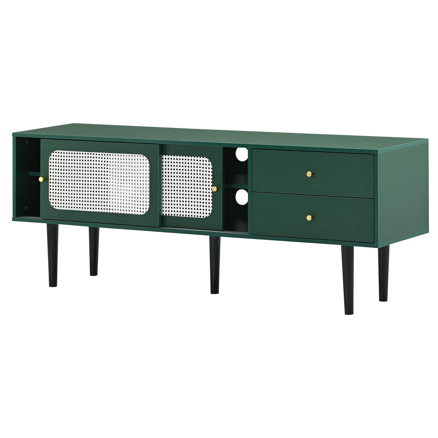 Green and White Rattan TV Stand with 2 Drawers and Sliding Doors