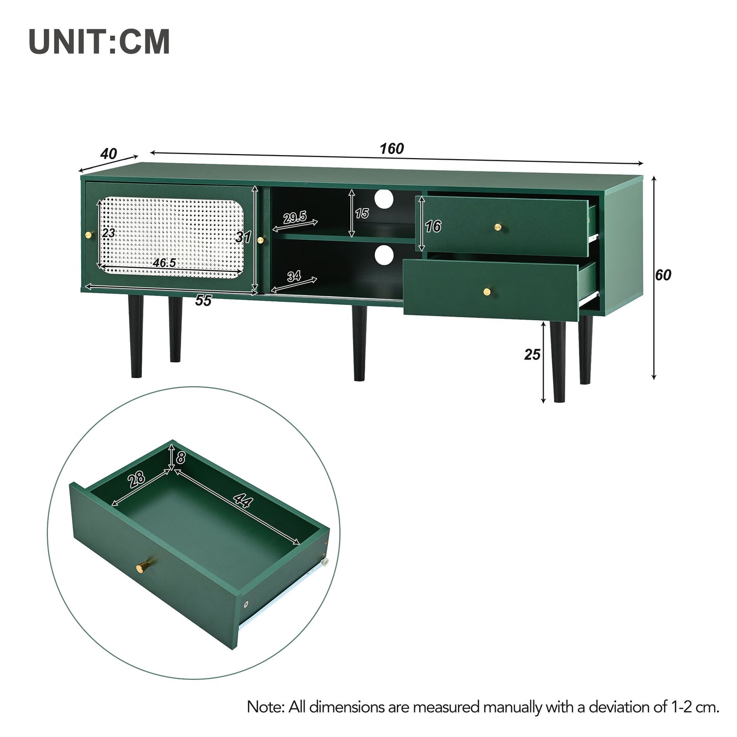 Green and White Rattan TV Stand with 2 Drawers and Sliding Doors