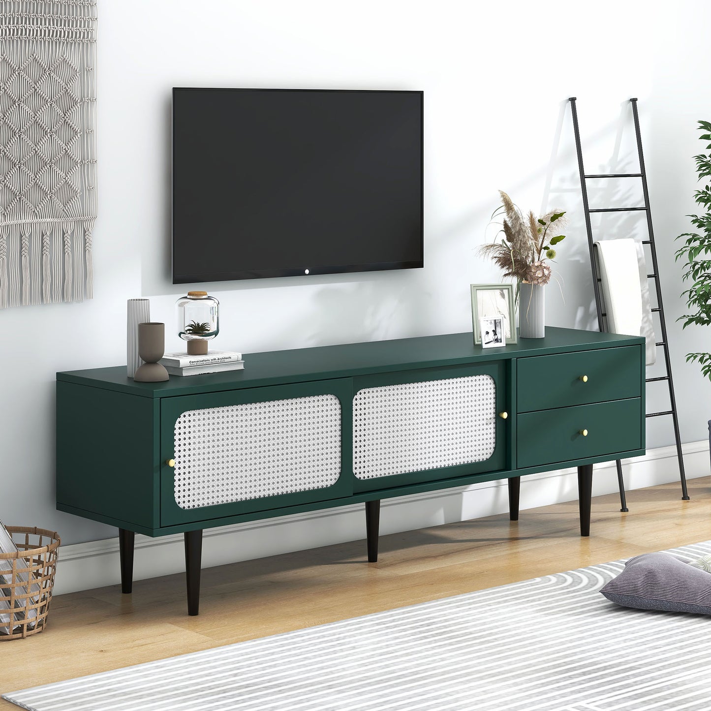 Green and White Rattan TV Stand with 2 Drawers and Sliding Doors