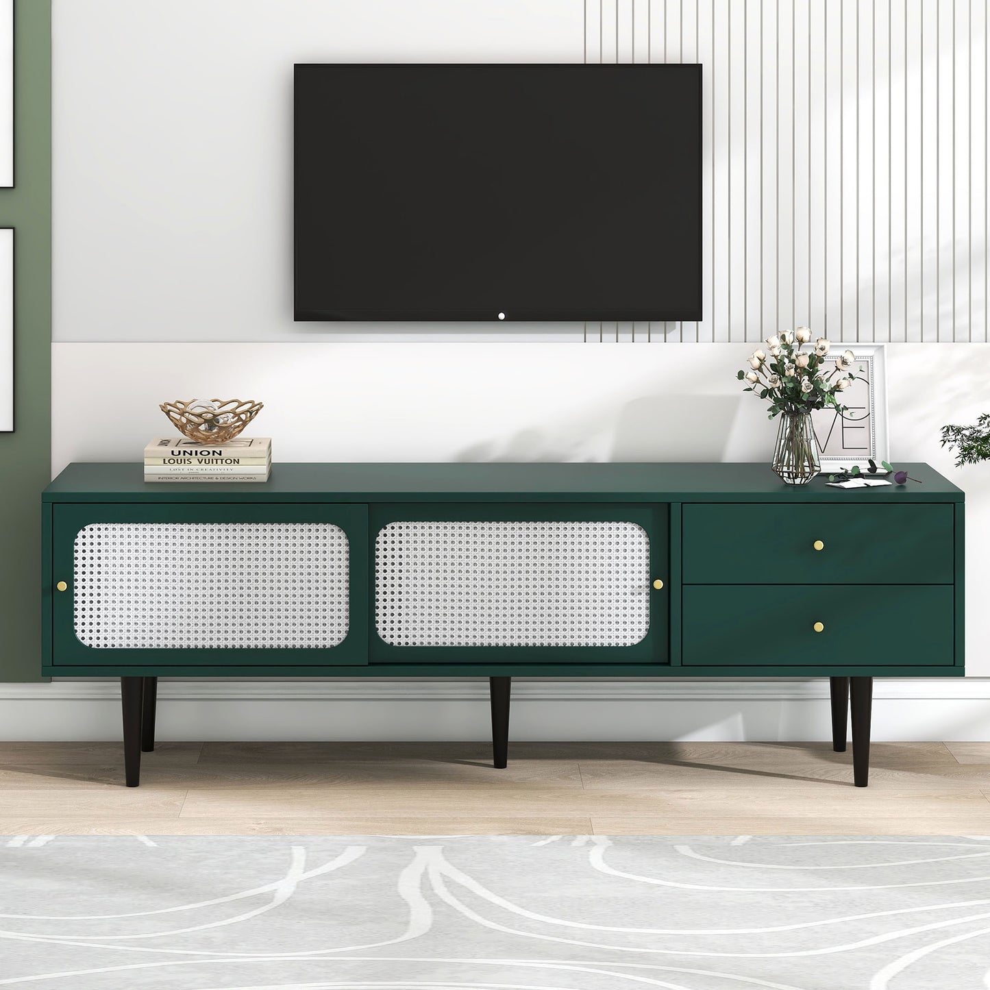 Green and White Rattan TV Stand with 2 Drawers and Sliding Doors