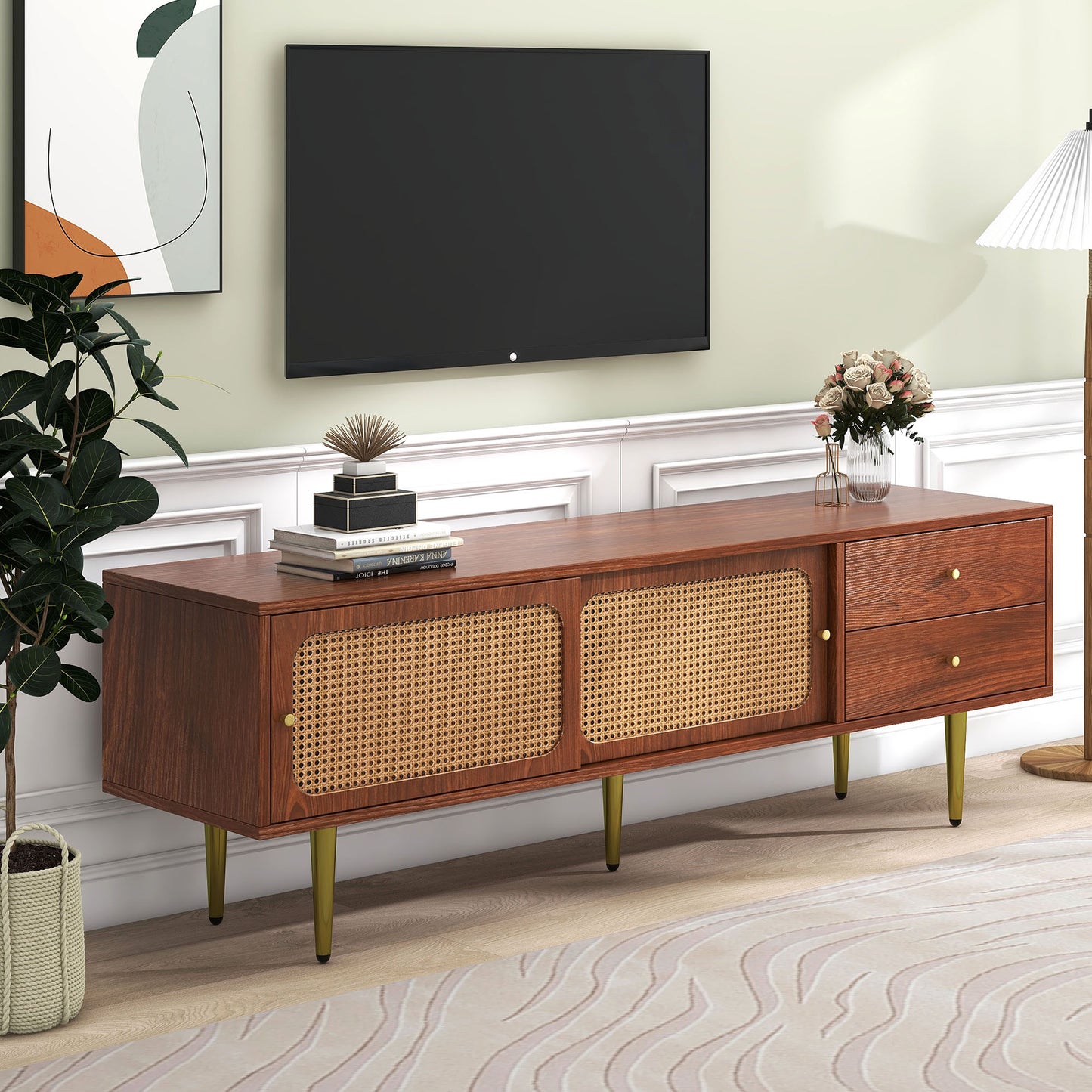 Modern Walnut TV Stand with Rattan Sliding Doors and Storage Compartments