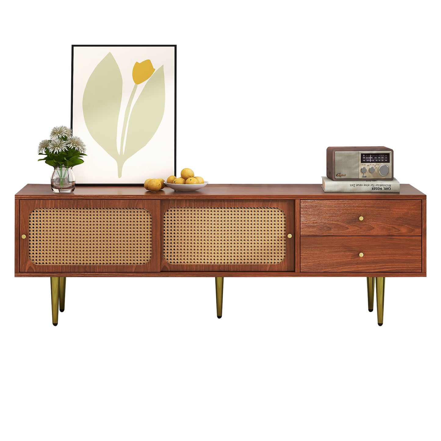 Modern Walnut TV Stand with Rattan Sliding Doors and Storage Compartments