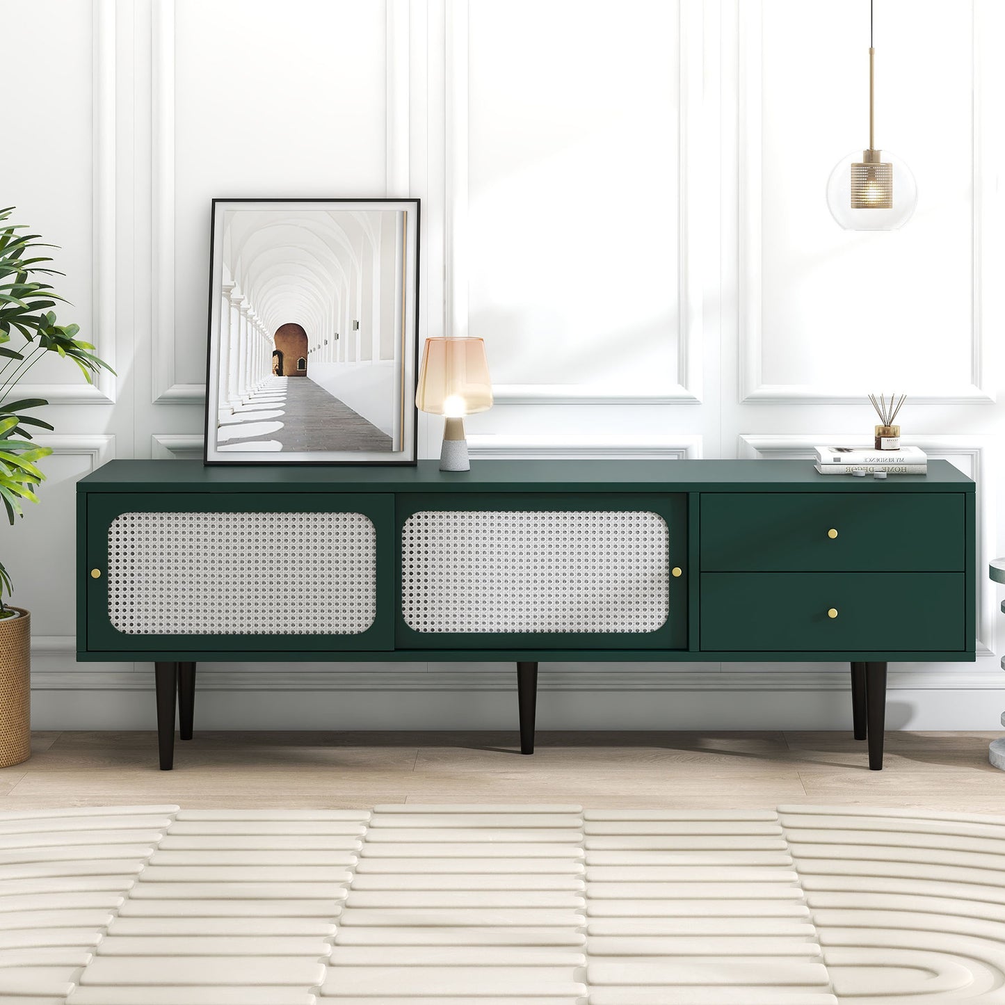 Green and White Rattan TV Stand with 2 Drawers and Sliding Doors