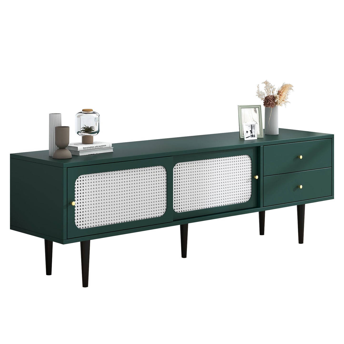 Green and White Rattan TV Stand with 2 Drawers and Sliding Doors