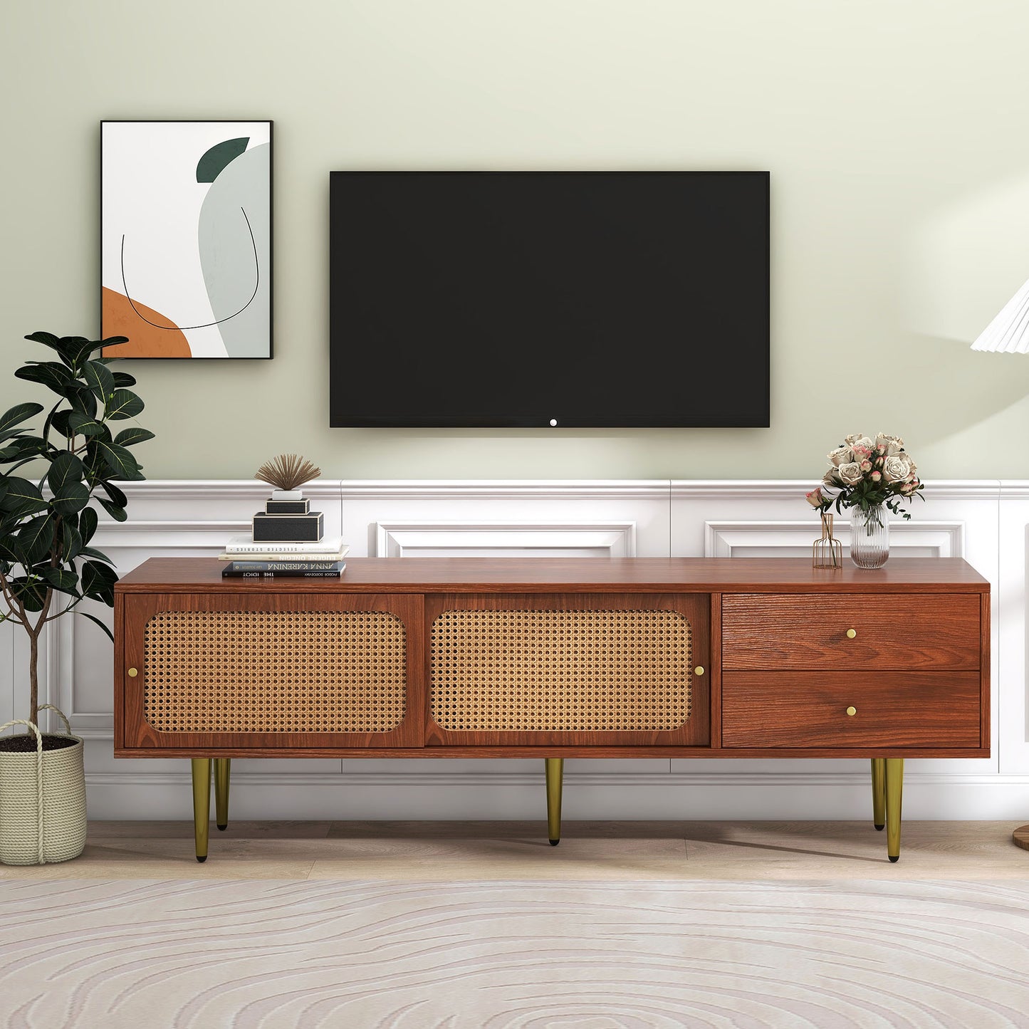 Modern Walnut TV Stand with Rattan Sliding Doors and Storage Compartments