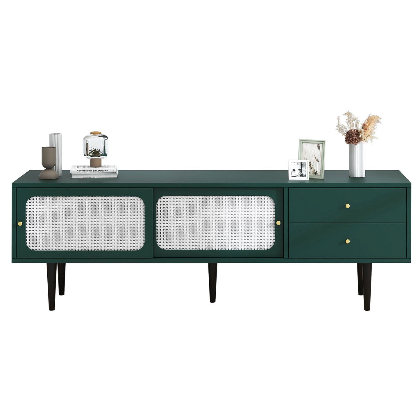 Green and White Rattan TV Stand with 2 Drawers and Sliding Doors