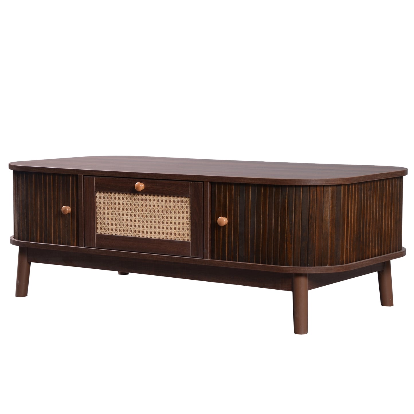 Country-Style Rattan Coffee Table with Storage and Solid Wood Slats