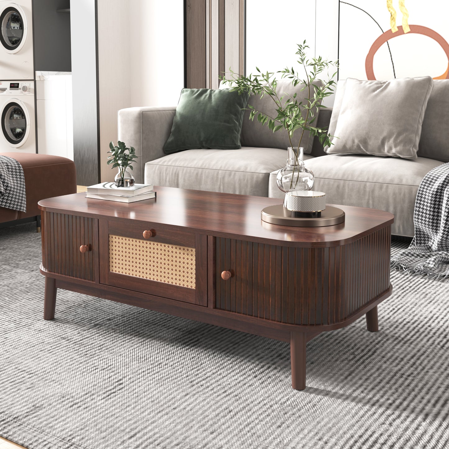 Country-Style Rattan Coffee Table with Storage and Solid Wood Slats