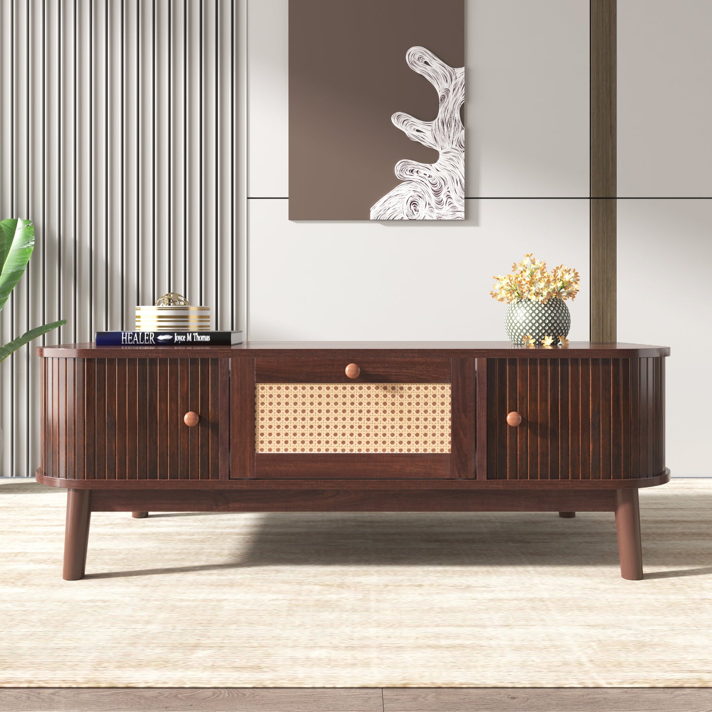 Country-Style Rattan Coffee Table with Storage and Solid Wood Slats