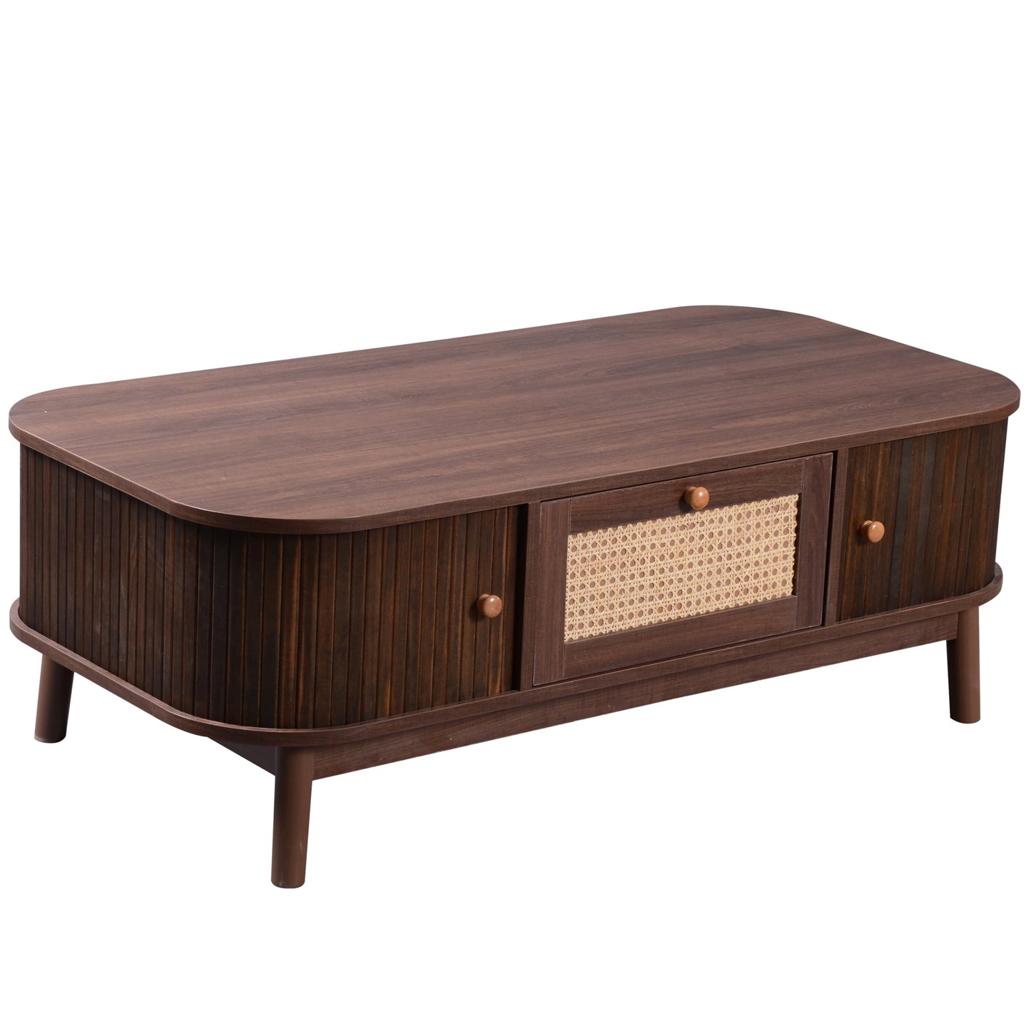 Country-Style Rattan Coffee Table with Storage and Solid Wood Slats