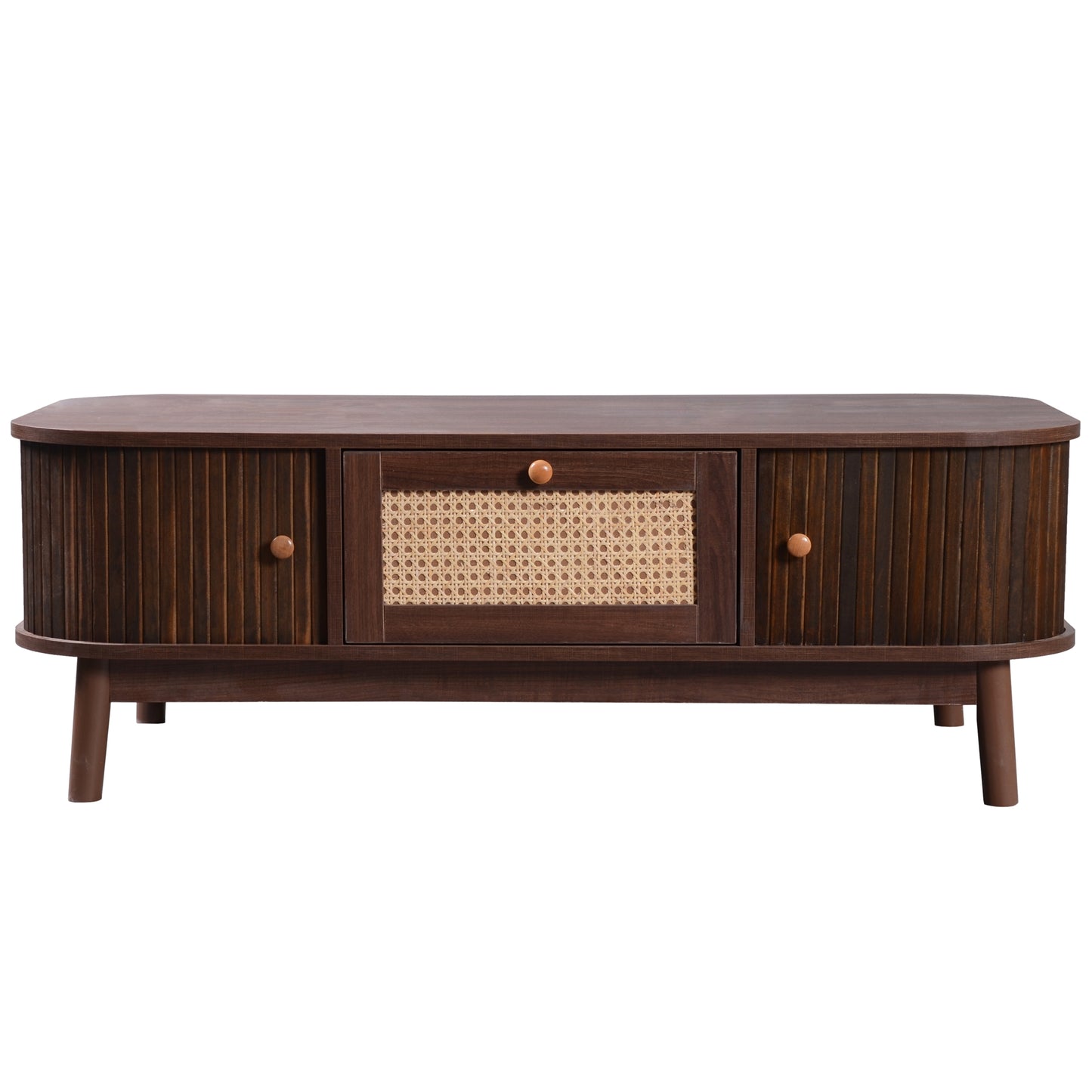 Country-Style Rattan Coffee Table with Storage and Solid Wood Slats