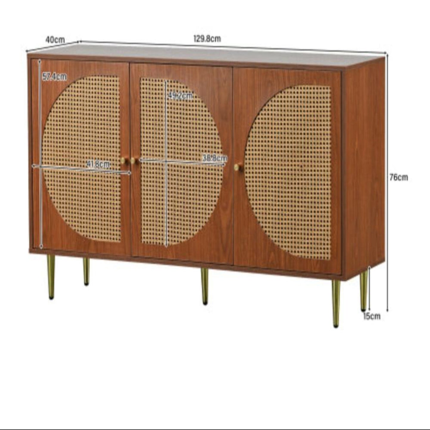 Walnut Sideboard,3 Rattan Doors, Metal Handles, Chest of Drawers,129.8x40x76cm