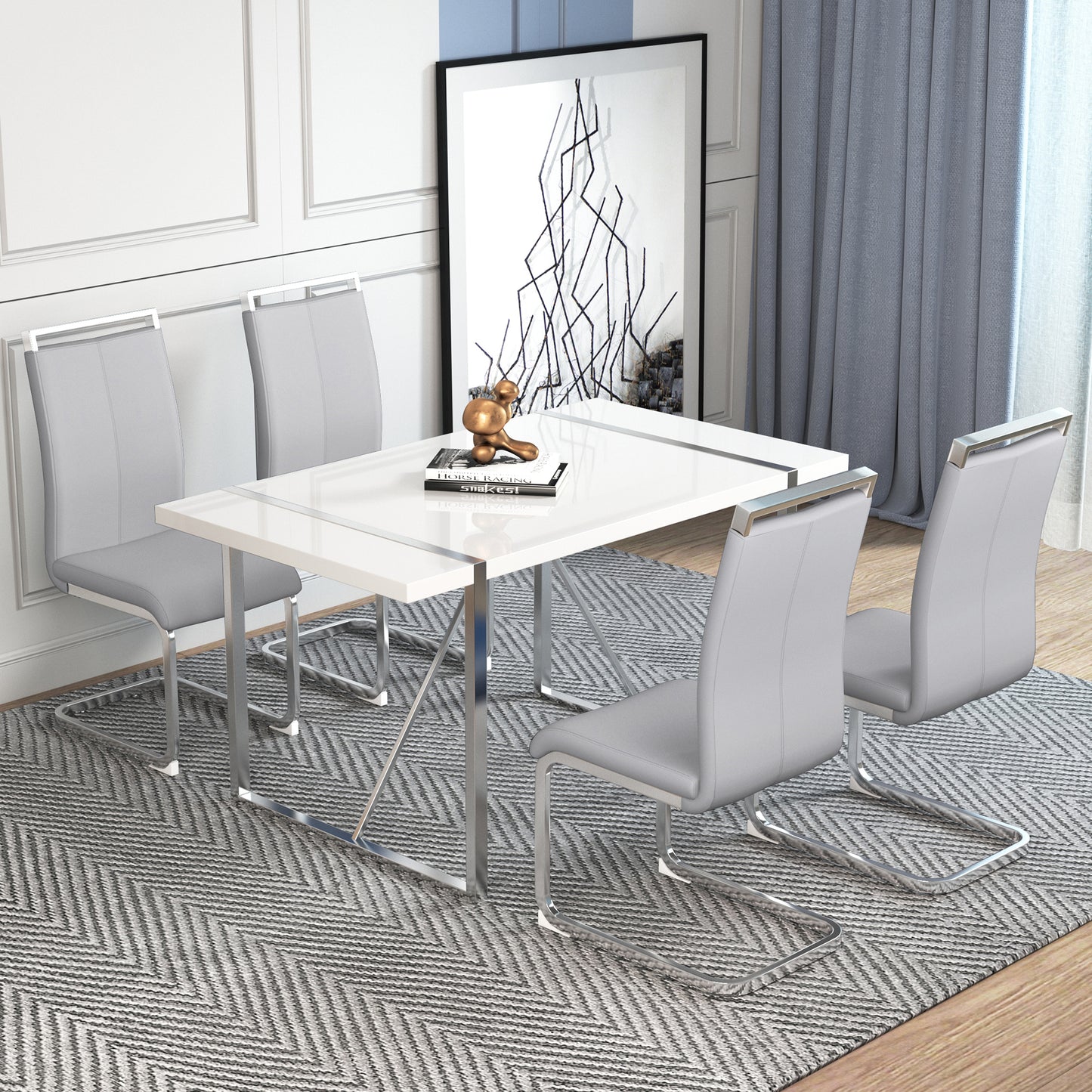 4-Piece Modern Dining Chairs,Chrome Frame, Waterproof PU Leather, Light Grey