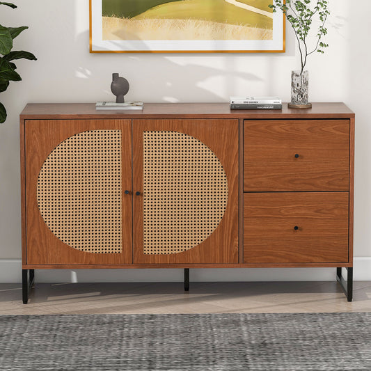Elegant Walnut Sideboard with Rattan Doors and Drawers - Versatile Storage for Bedroom, Living Room, and Office