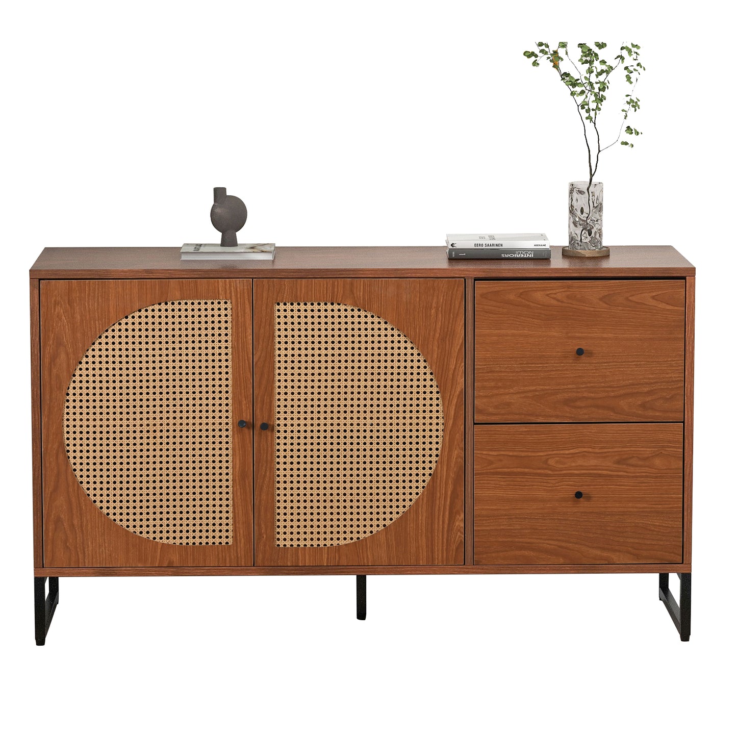 Elegant Walnut Sideboard with Rattan Doors and Drawers - Versatile Storage for Bedroom, Living Room, and Office