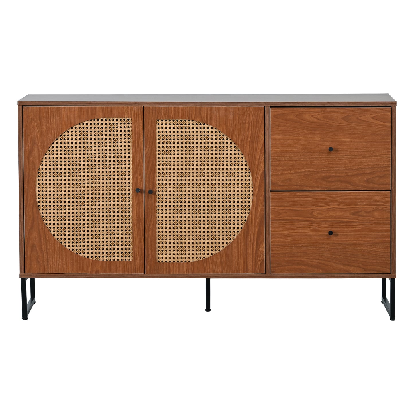 Elegant Walnut Sideboard with Rattan Doors and Drawers - Versatile Storage for Bedroom, Living Room, and Office