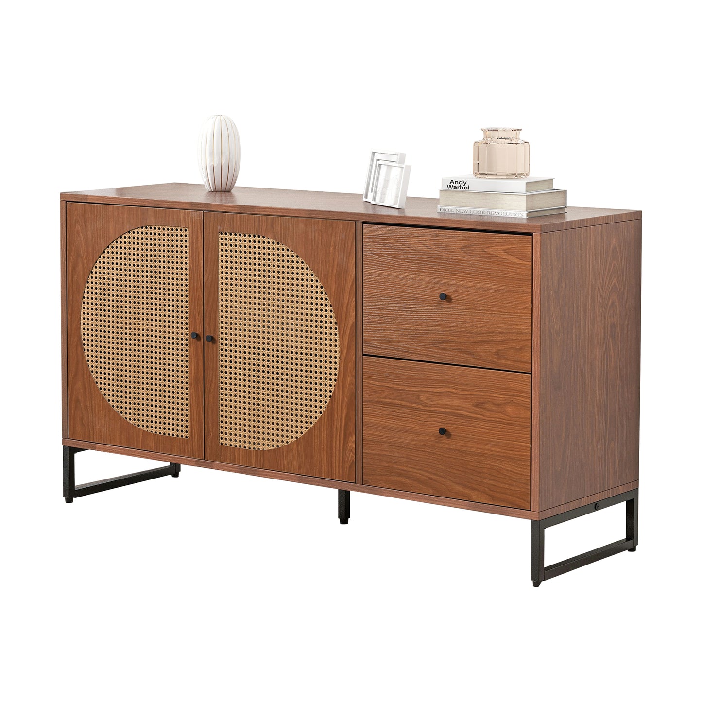 Elegant Walnut Sideboard with Rattan Doors and Drawers - Versatile Storage for Bedroom, Living Room, and Office