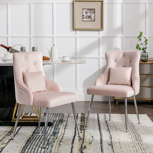 Pink Buttoned Dining Chair with Lumbar Cushion, Modern Metal Leg Armchair for Bedroom & Living Room