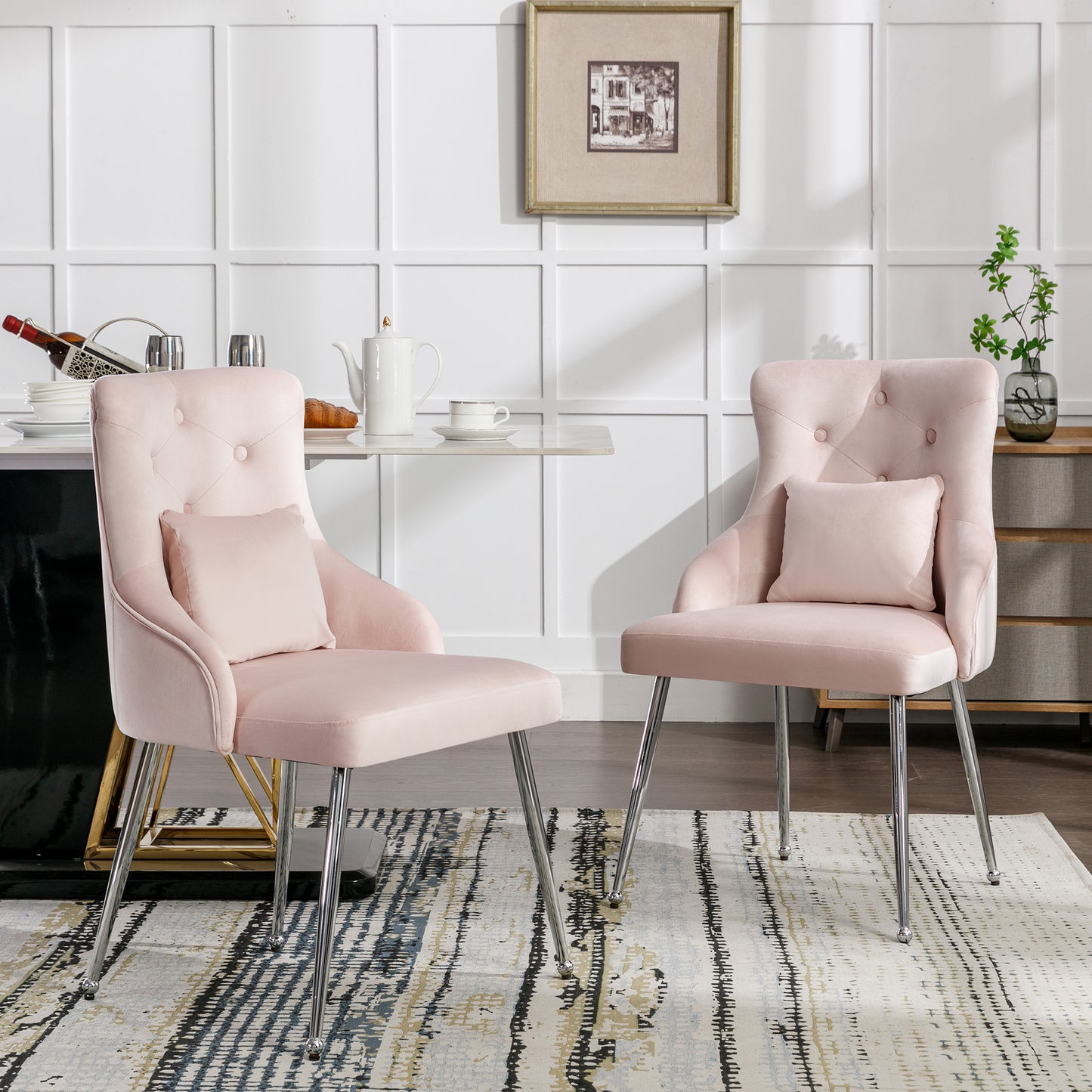 Pink Buttoned Dining Chair with Lumbar Cushion, Modern Metal Leg Armchair for Bedroom & Living Room