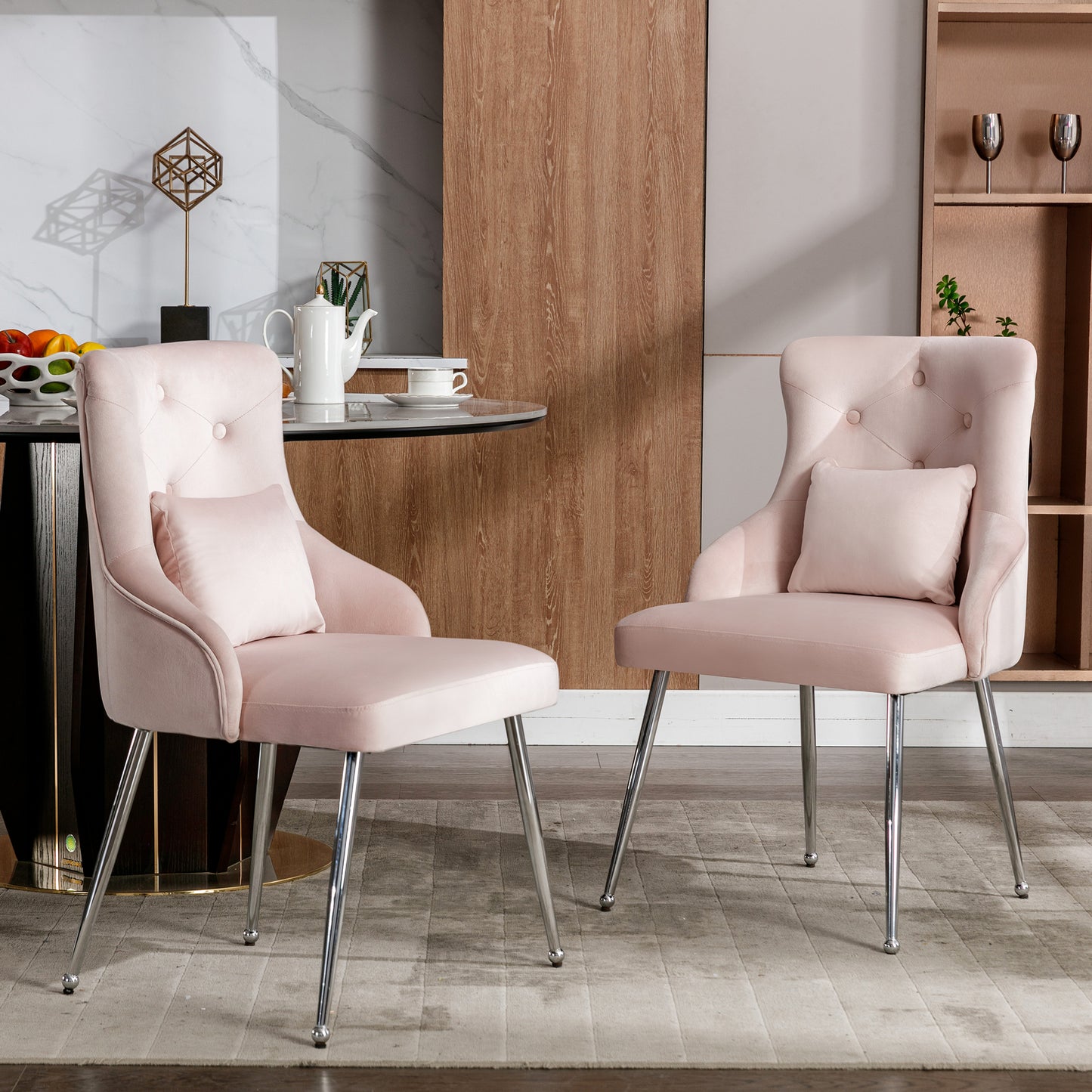 Pink Buttoned Dining Chair with Lumbar Cushion, Modern Metal Leg Armchair for Bedroom & Living Room
