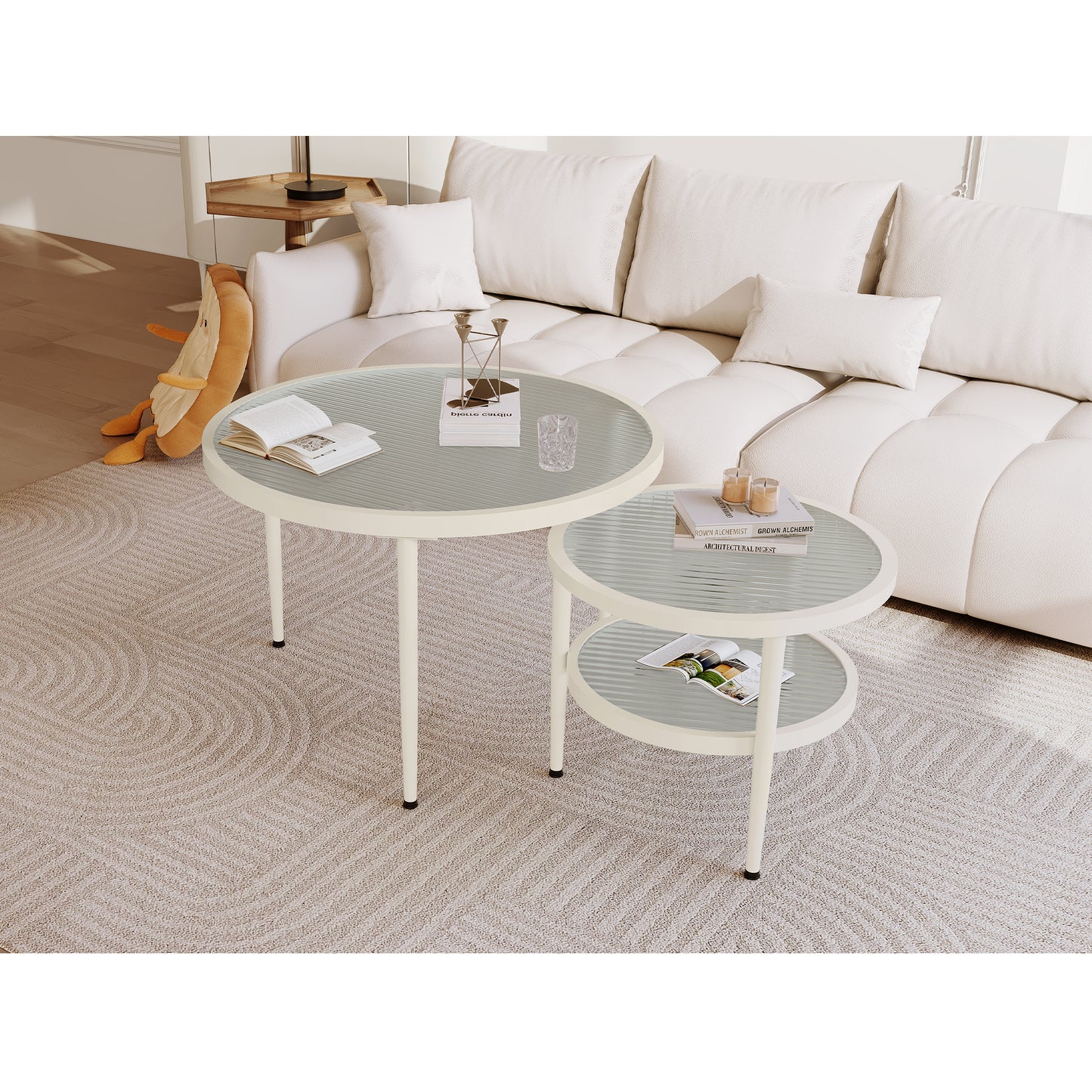 (Z)Scandinavian Minimalist Style Round Water Ripple Glass Table Top Coffee Table Small Household Living Room Modern Simple White Small Round Table