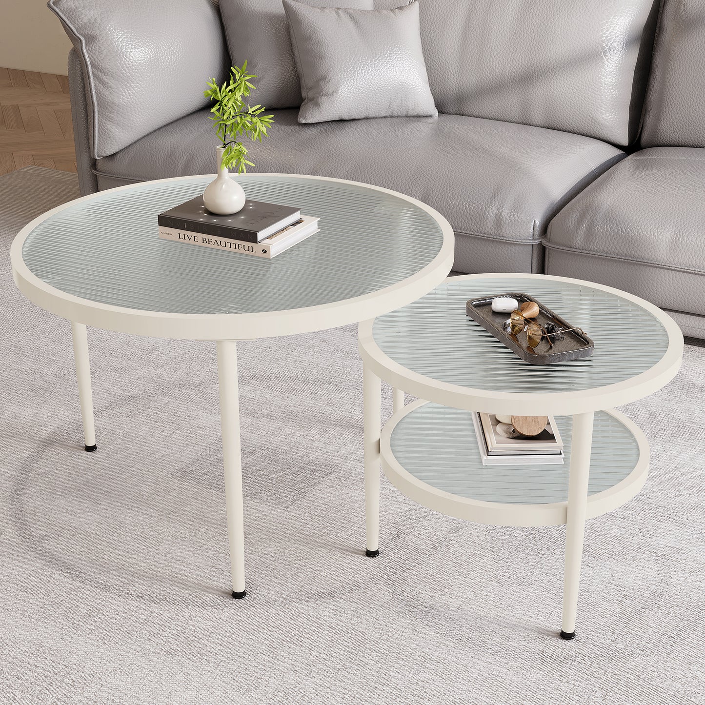 (Z)Scandinavian Minimalist Style Round Water Ripple Glass Table Top Coffee Table Small Household Living Room Modern Simple White Small Round Table