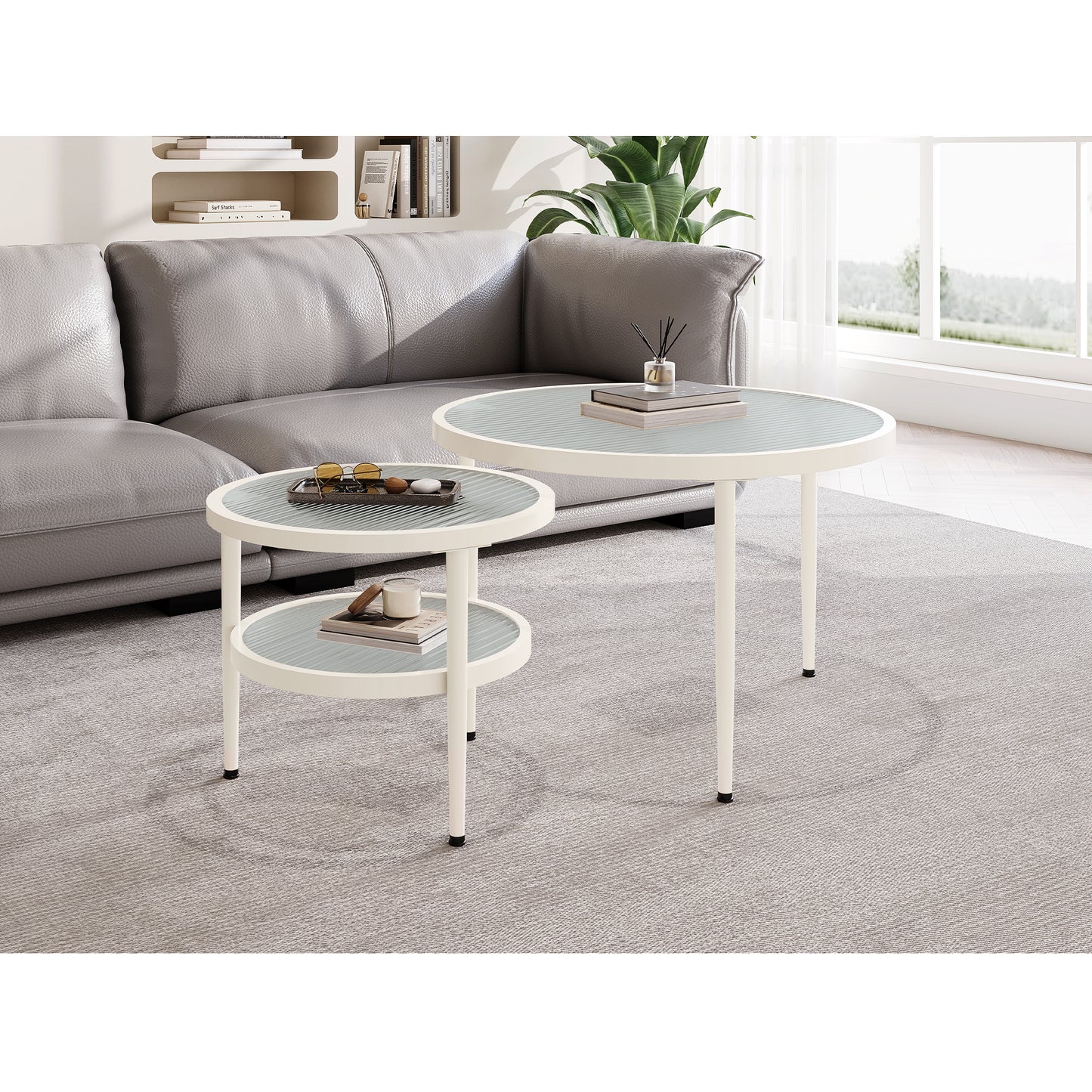 (Z)Scandinavian Minimalist Style Round Water Ripple Glass Table Top Coffee Table Small Household Living Room Modern Simple White Small Round Table