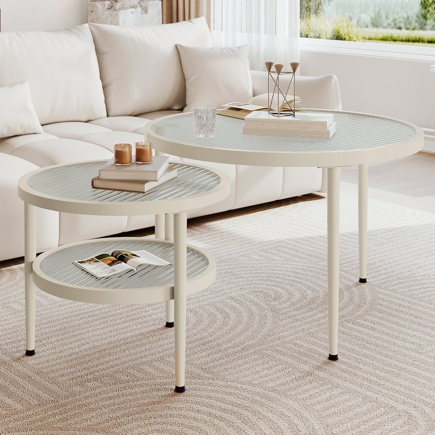 (Z)Scandinavian Minimalist Style Round Water Ripple Glass Table Top Coffee Table Small Household Living Room Modern Simple White Small Round Table