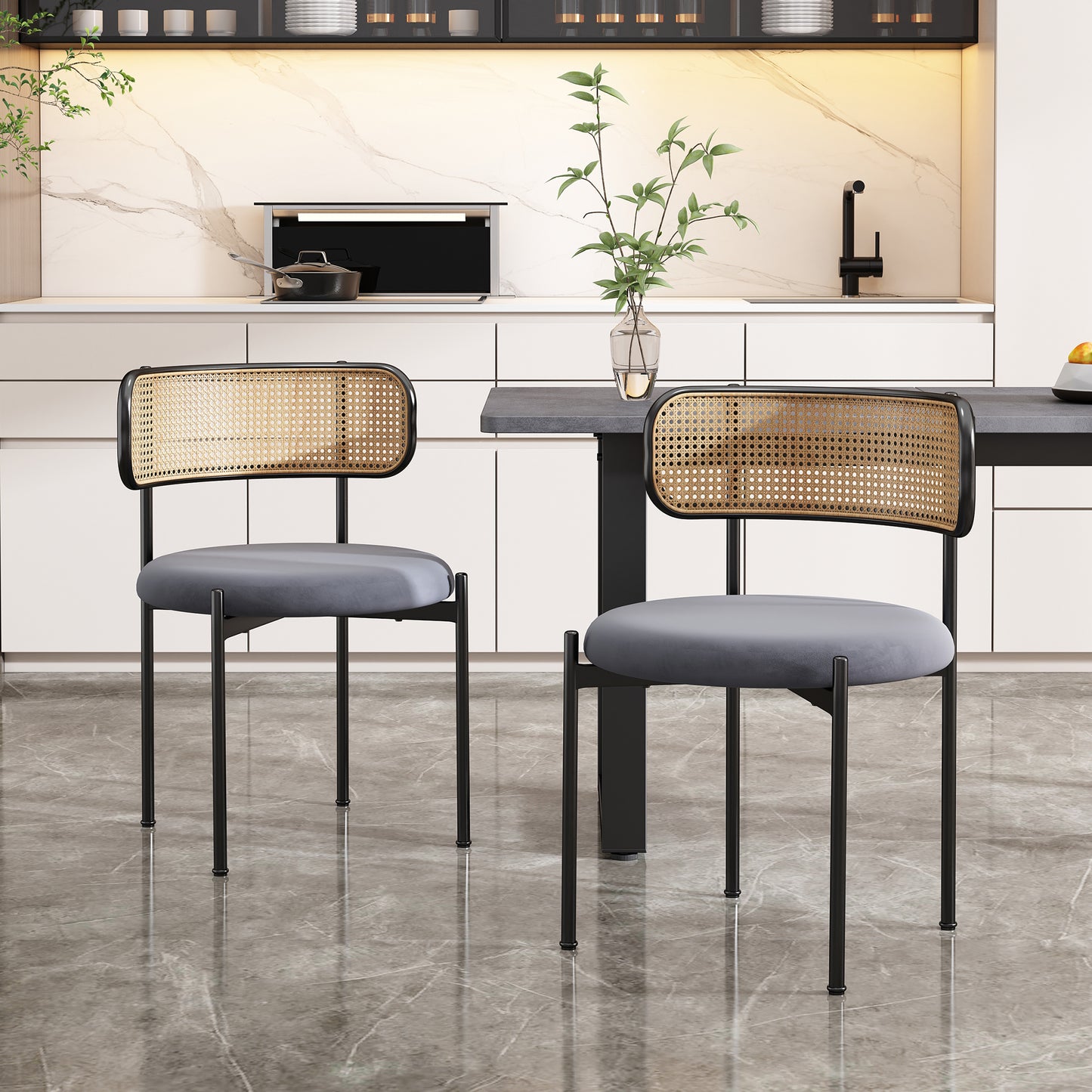 Velvet Dining Chairs with Metal Legs and Rattan Design, Modern Leisure Chairs for Living Room & Bedroom, Gray