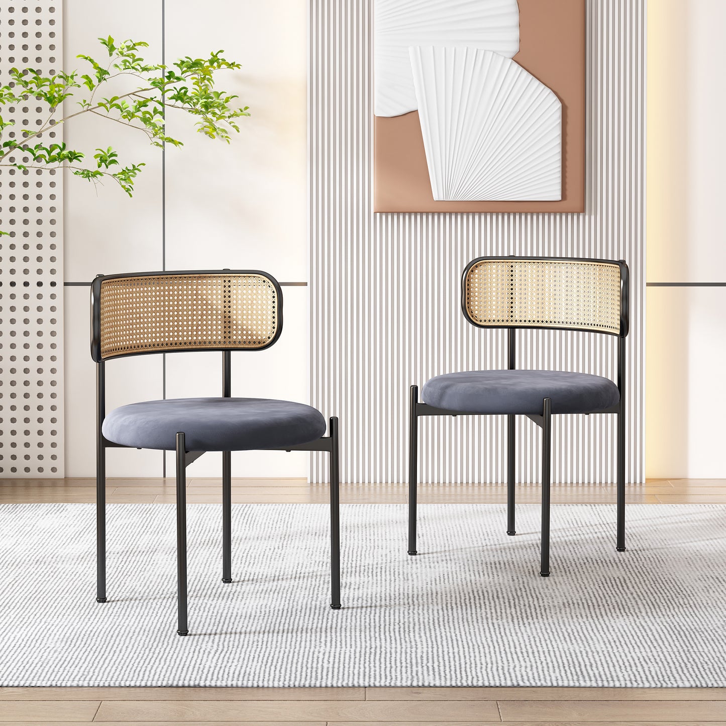 Velvet Dining Chairs with Metal Legs and Rattan Design, Modern Leisure Chairs for Living Room & Bedroom, Gray