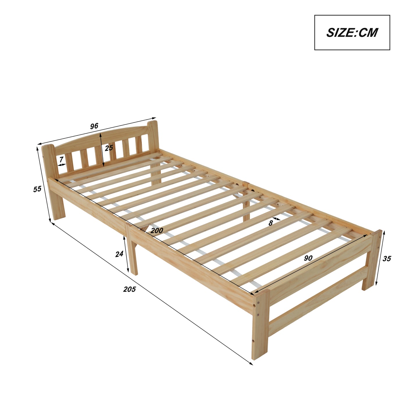 Solid Wood Futon Bed with Headboard and Slatted Frame - Natural 90x200 cm