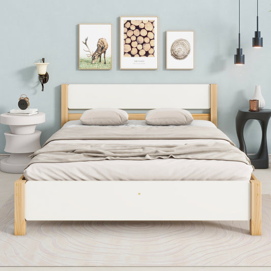 (Z)Solid Wood Double Bed - Central Post Stability, White with Natural Wood Grain, 3 Silent Slide Drawers 140x200cm