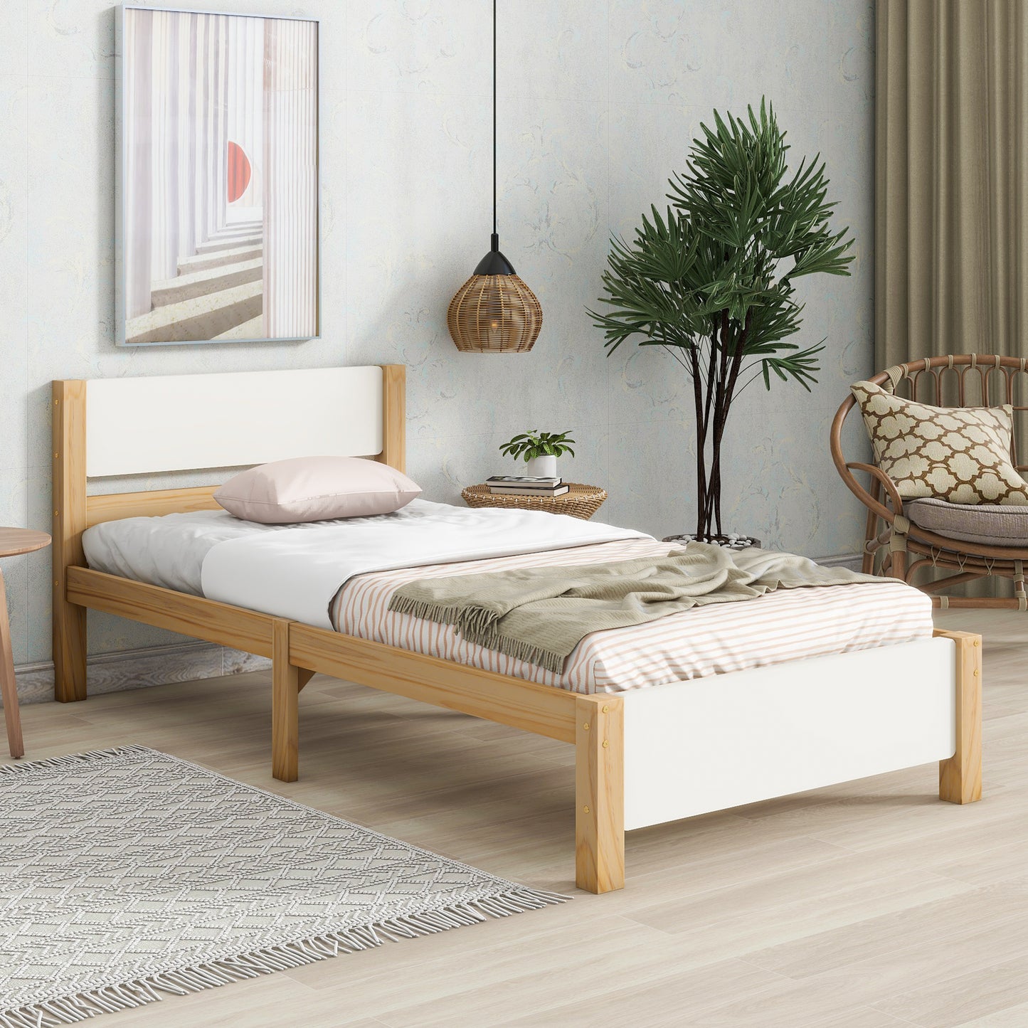 (Z)Natural pine single bed frame with white and natural Colour Finish