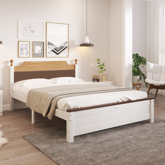 (Z)White Two-Tone Pine Wood Double Bed Frame with Central Leg Stability