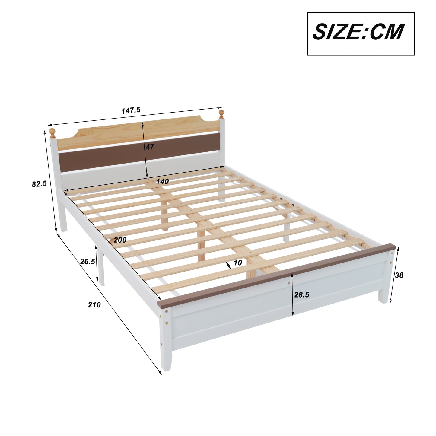 (Z)White Two-Tone Pine Wood Double Bed Frame with Central Leg Stability