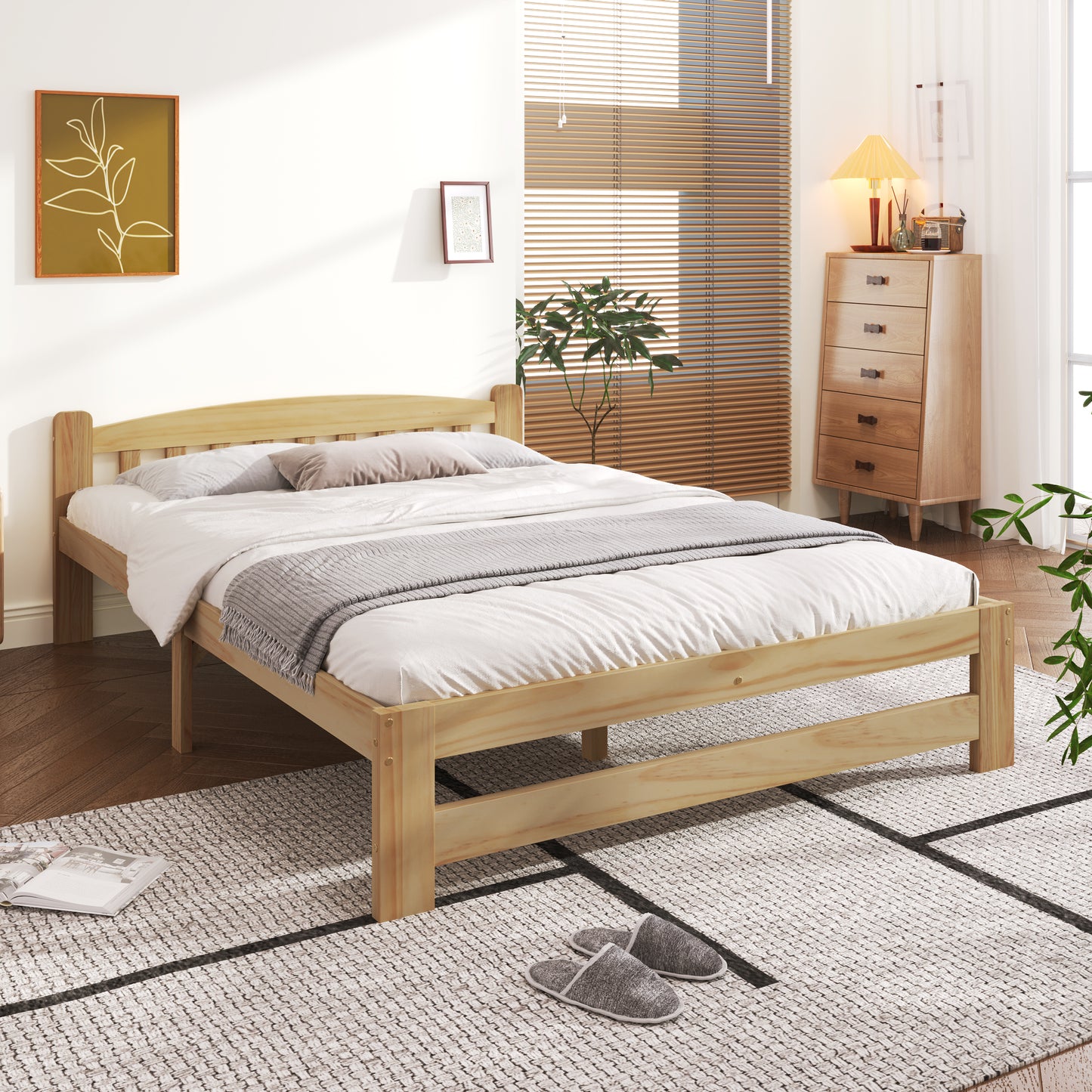 Solid Natural Hardwood Futon Bed with Headboard and Slatted Base - Black and Natural, 140x200 cm