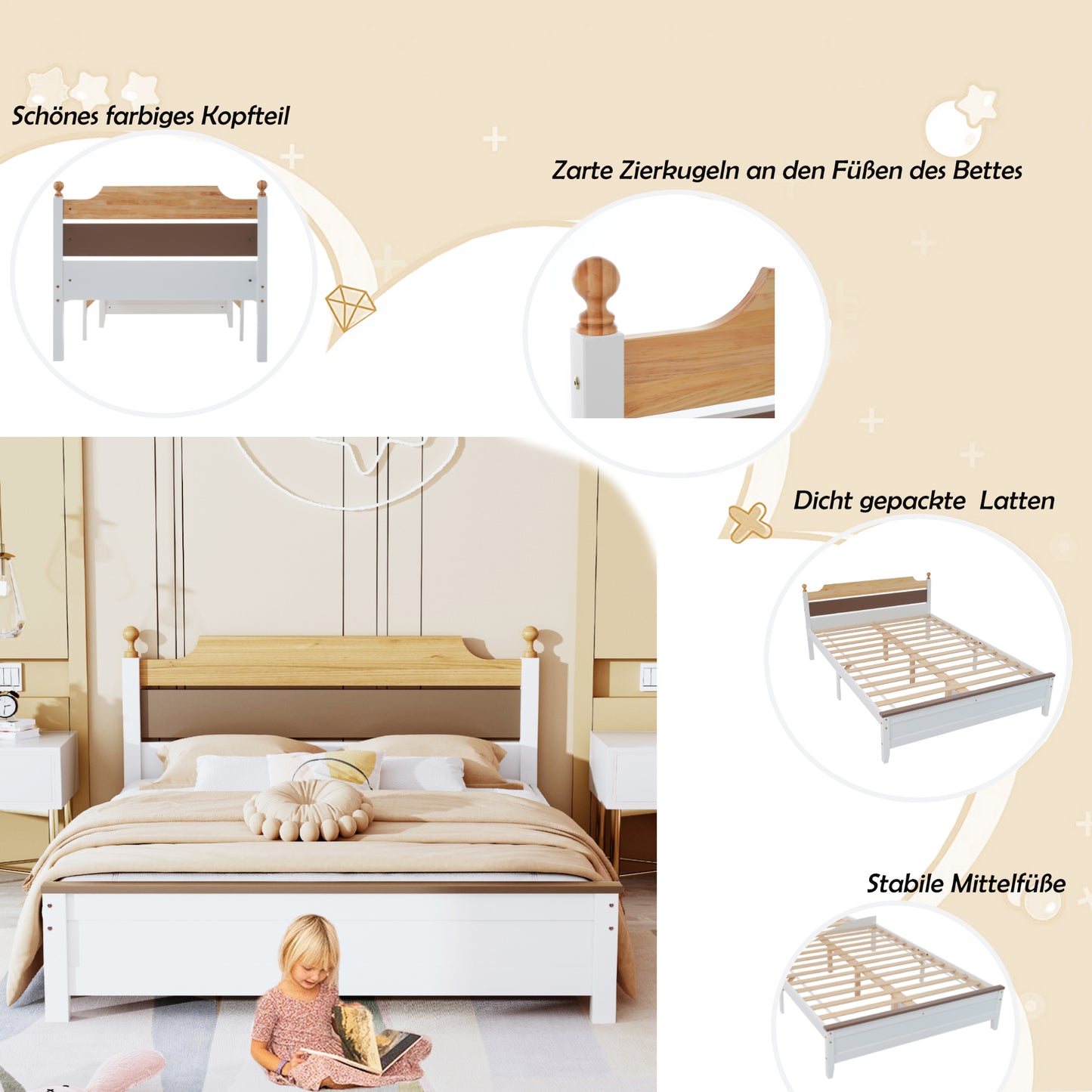 (Z)White Two-Tone Pine Wood Double Bed Frame with Central Leg Stability