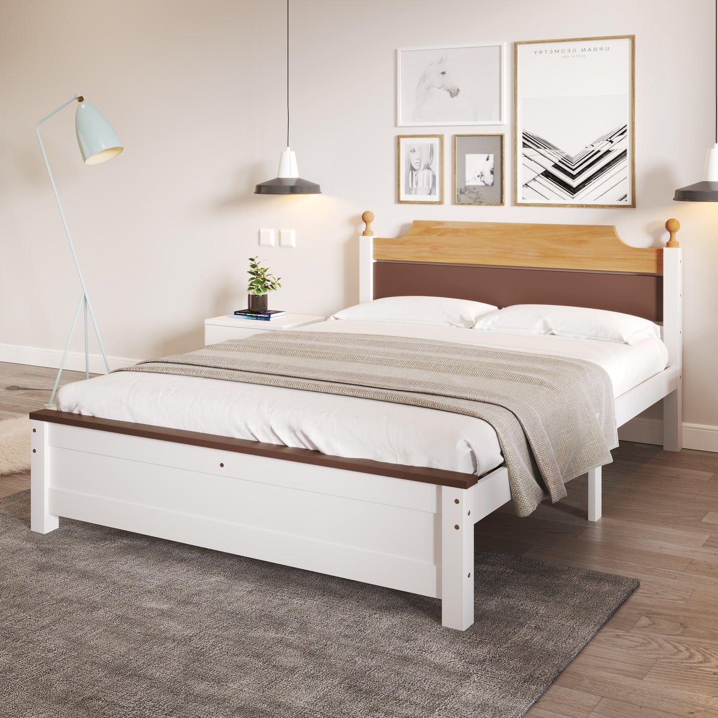 (Z)White Two-Tone Pine Wood Double Bed Frame with Central Leg Stability