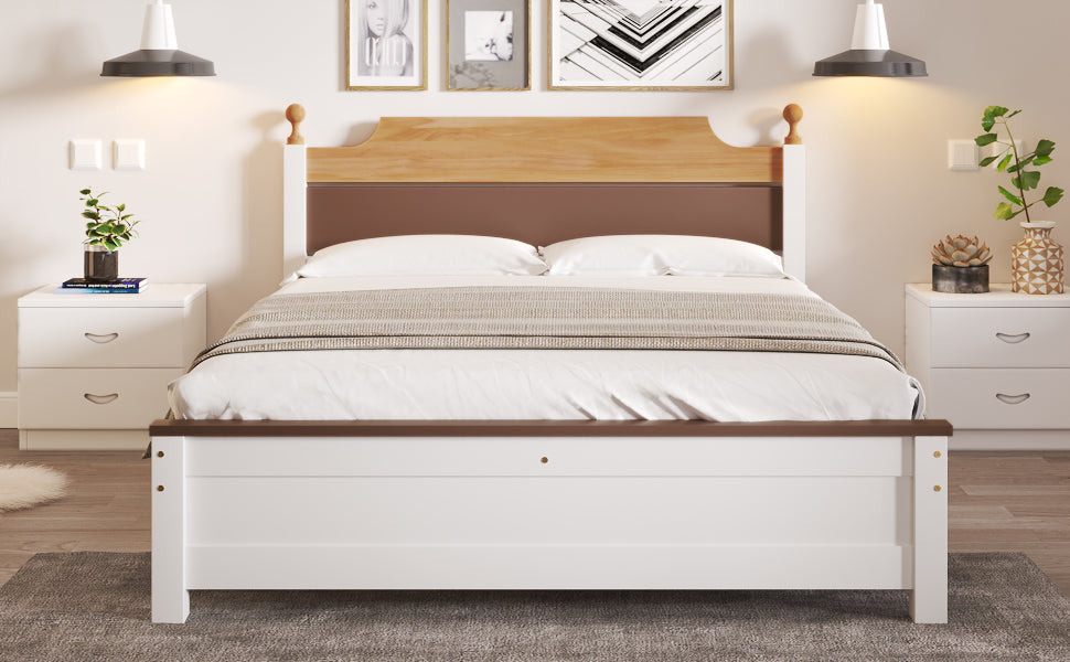 (Z)White Two-Tone Pine Wood Double Bed Frame with Central Leg Stability