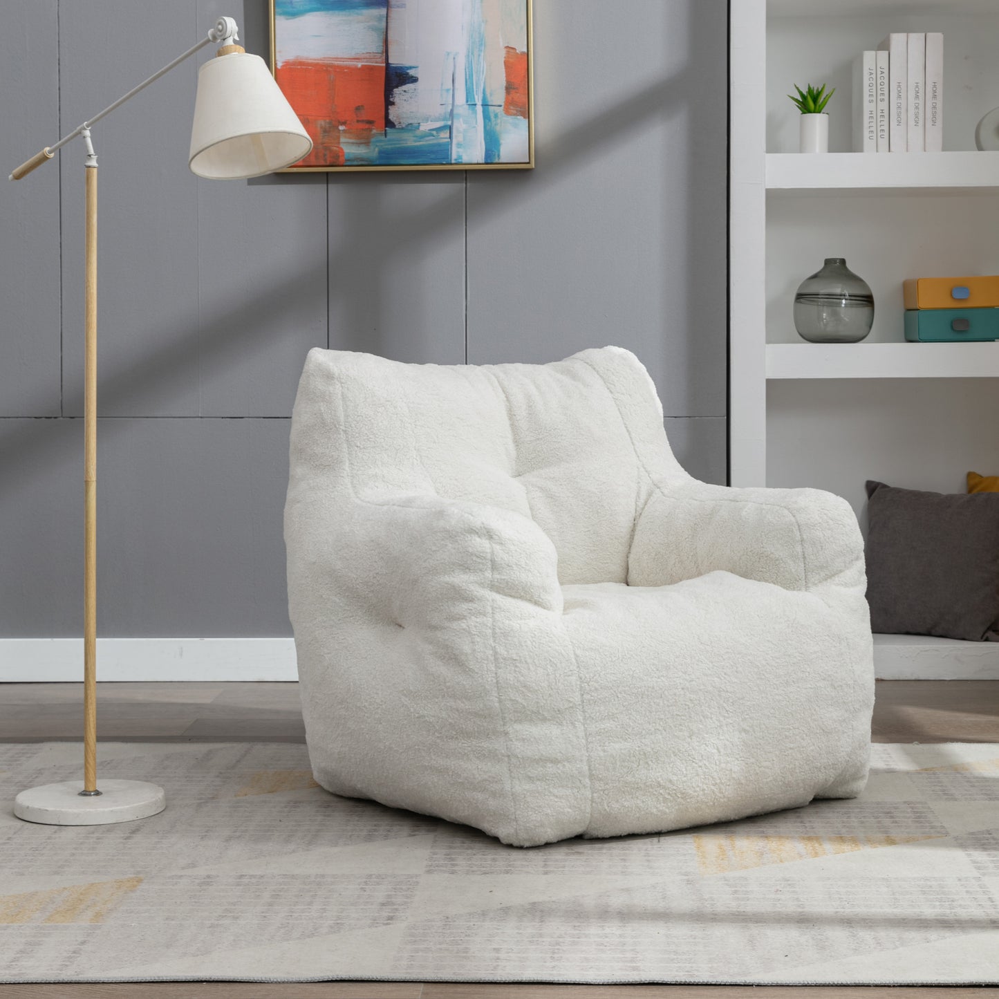 (Z)Soft Tufed Foam Bean Bag Chair With Teddy Fabric Lvory White