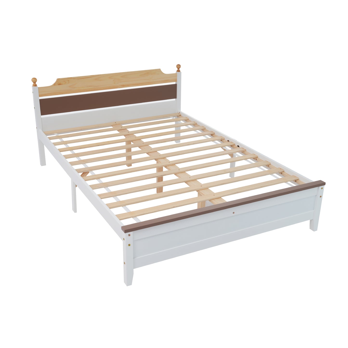 (Z)White Two-Tone Pine Wood Double Bed Frame with Central Leg Stability