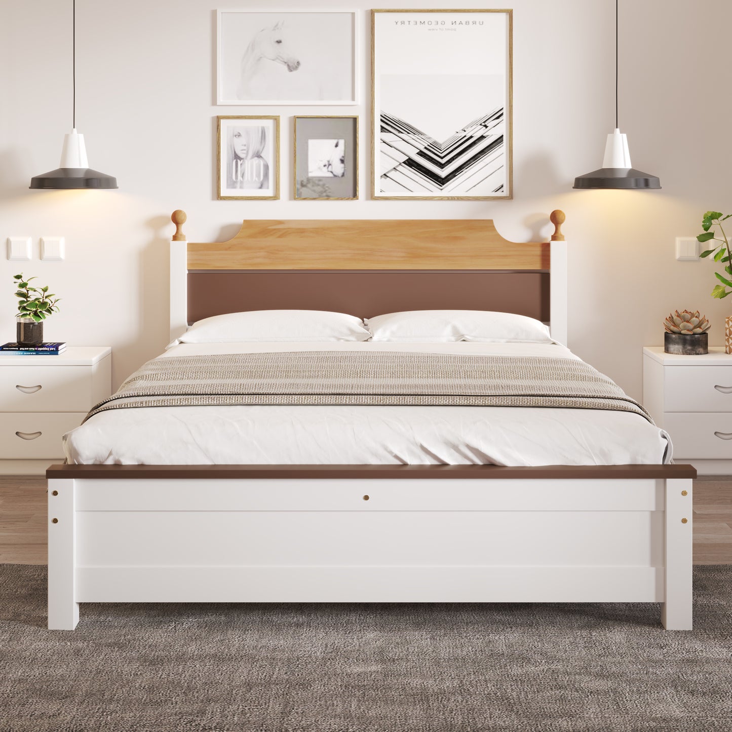 (Z)White Two-Tone Pine Wood Double Bed Frame with Central Leg Stability