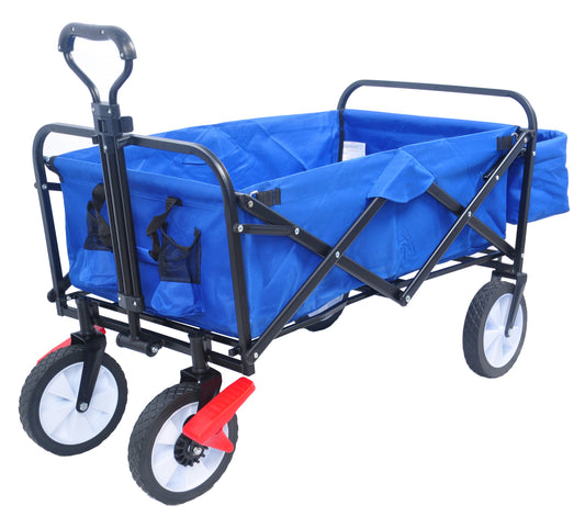 Antique Blue Folding Wagon with 360° Rotating Wheels & Drink Holder