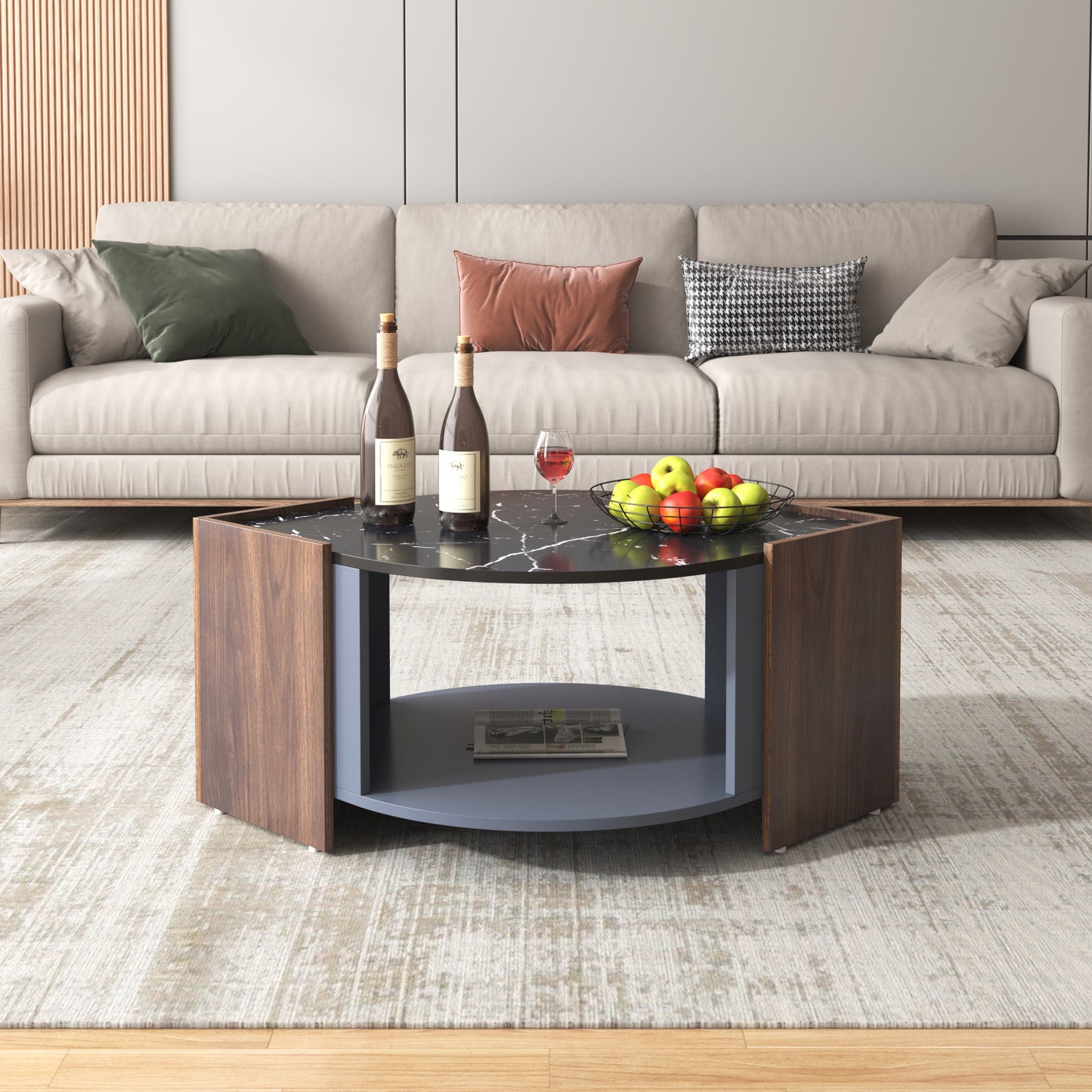 Contrasting Elegance-Marble and Walnut Coffee Table with Unique Lines