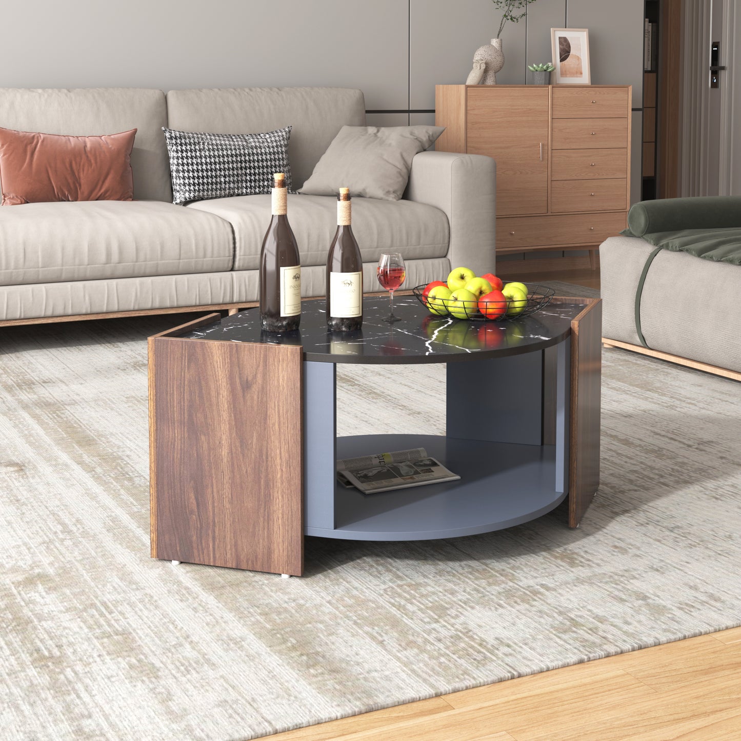 Contrasting Elegance-Marble and Walnut Coffee Table with Unique Lines