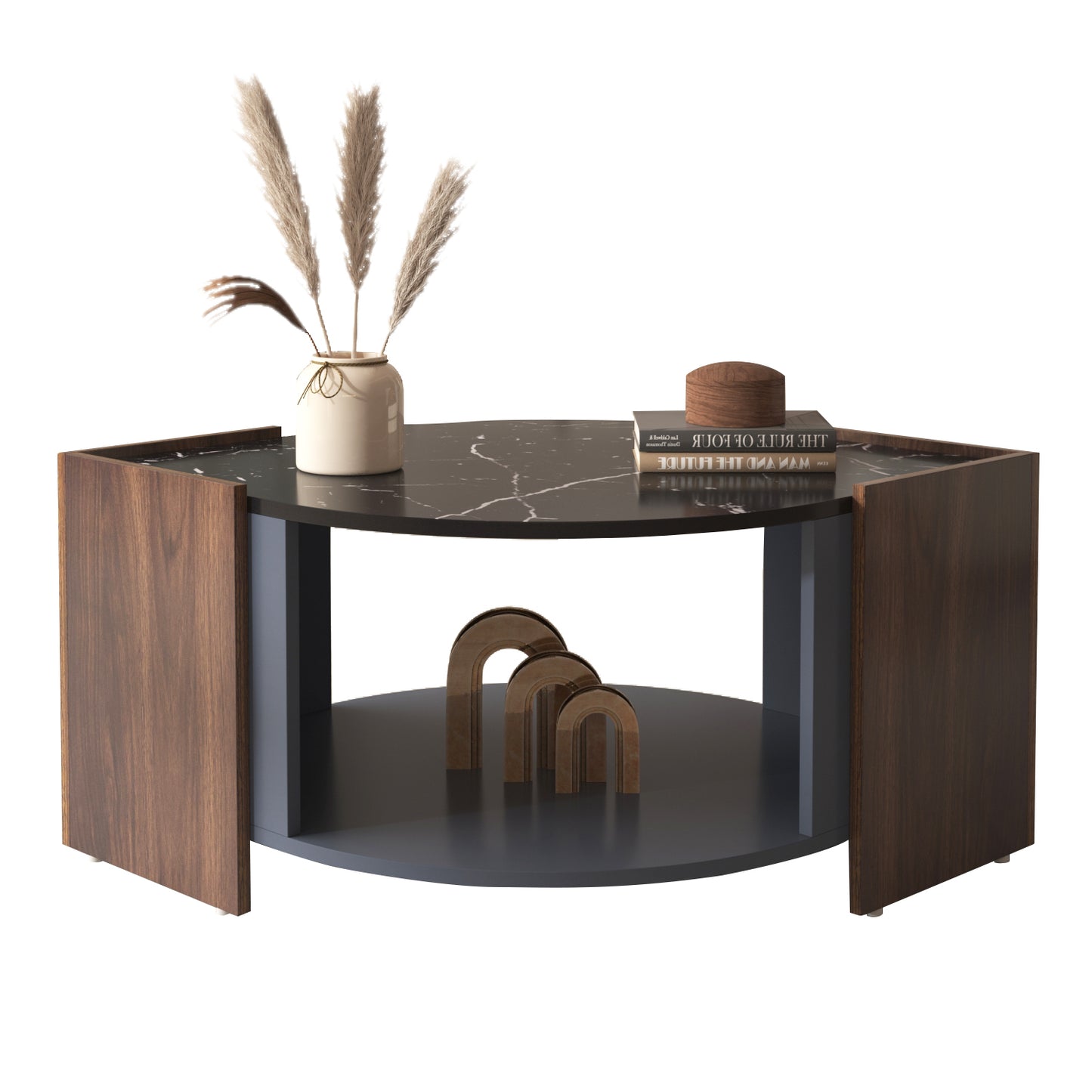 Contrasting Elegance-Marble and Walnut Coffee Table with Unique Lines