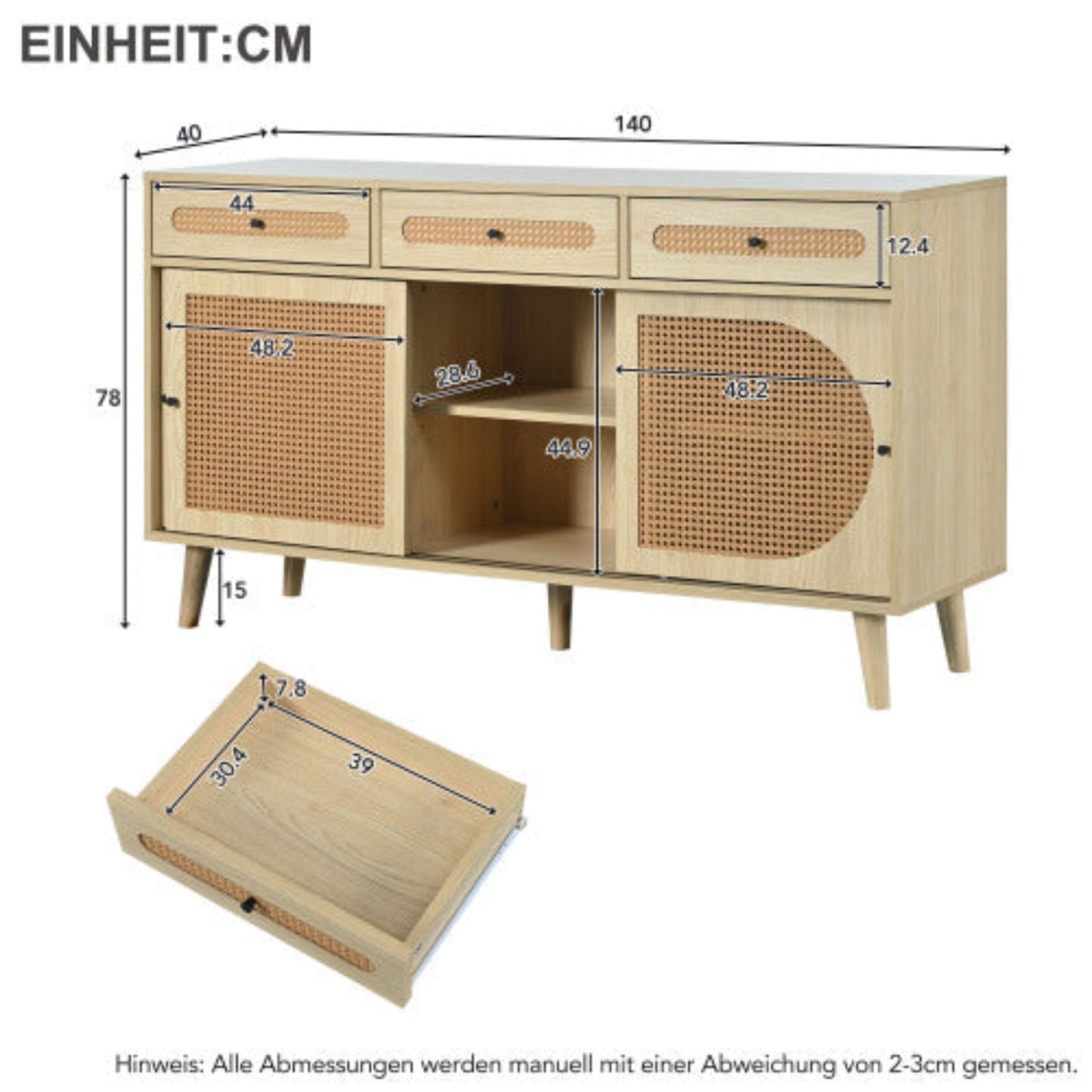 140cm Wooden Sideboard,PE Rattan Doors, Adjustable Shelves, 3 Drawers, Sliding Doors