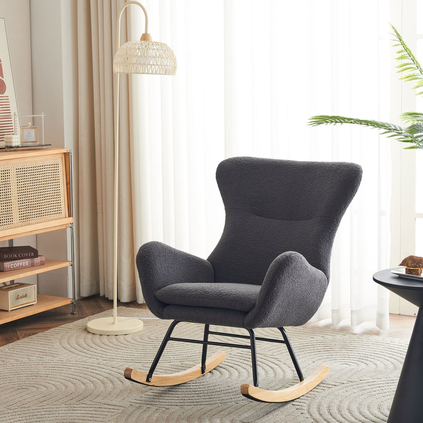 Modern High-Back Teddy Velvet Rocking Chair with Storage for Living Rooms