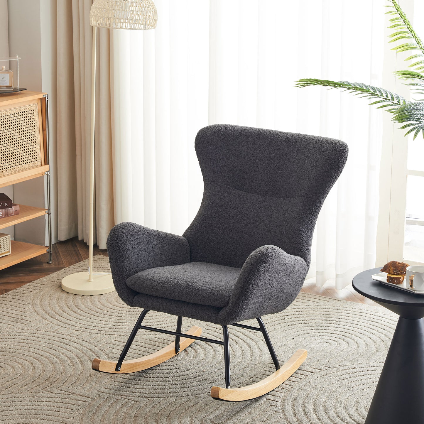 Modern High-Back Teddy Velvet Rocking Chair with Storage for Living Rooms